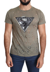 Guess Brown Cotton Stretch Logo Print Men Casual Perforated T-shirt - T-Shirts