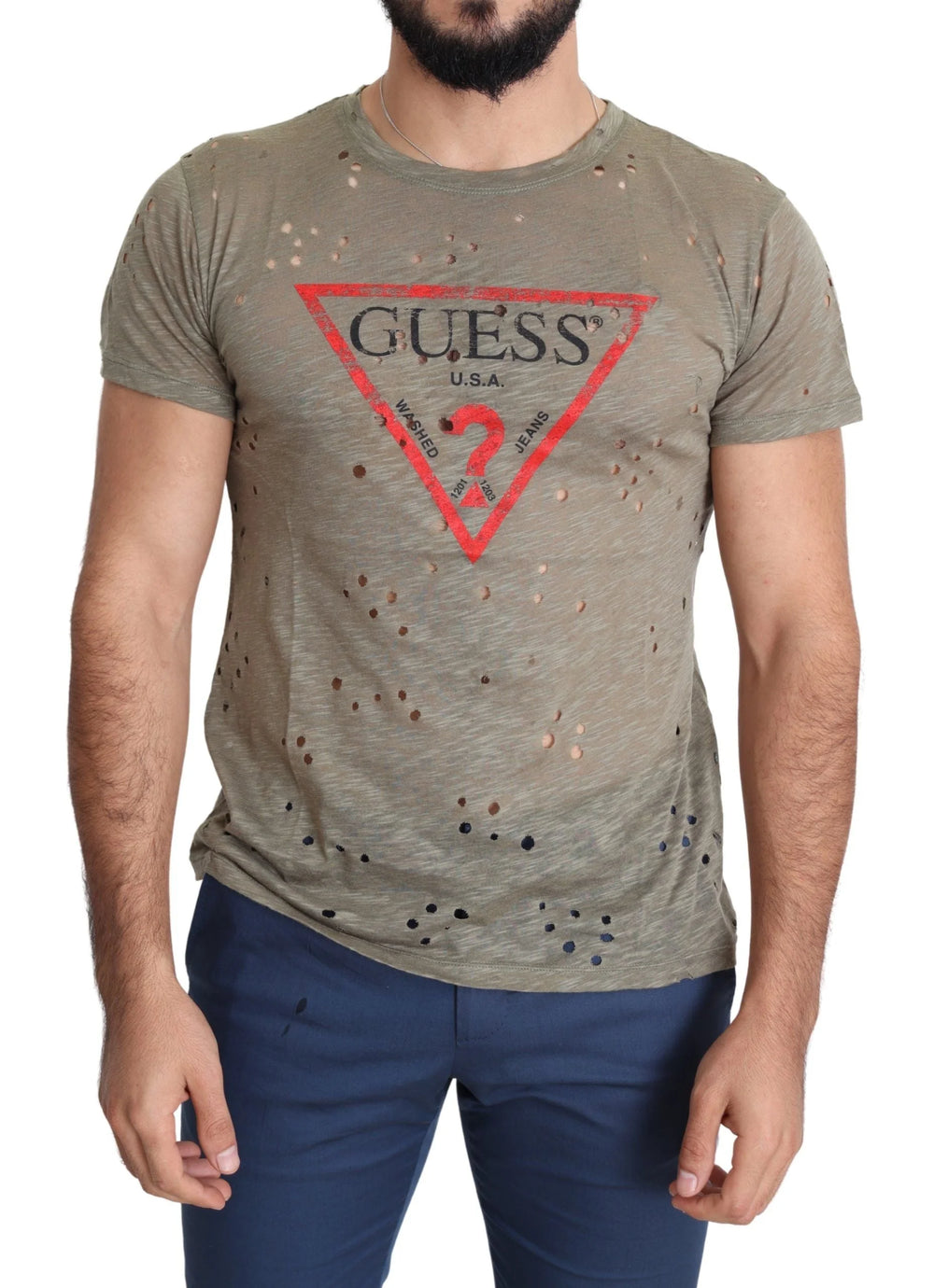 Guess Brown Cotton Stretch Logo Print Men Casual Perforated T-shirt - T-Shirts