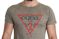 Guess Brown Cotton Stretch Logo Print Men Casual Perforated T-shirt - T-Shirts