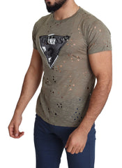 Guess Brown Cotton Stretch Logo Print Men Casual Perforated T-shirt - T-Shirts