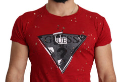 Guess Red Cotton Logo Print Men Casual Top Perforated T-shirt - T-Shirts