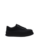 Jil Sander black fabric platform sneakers for men featuring a minimalist low-top silhouette and thick rubber soles.