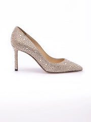 Jimmy Choo Zlatavě medové pumpse Romy 85 s krystaly z hedvábné semiše