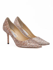 Jimmy Choo Růžové semišové pumpy Love 85 s hrubým třpytem