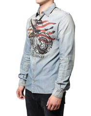 John Galliano Light Blue Printed Cotton Denim Long Sleeves Shirt - IT38 | XS - Shirts
