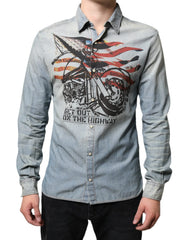 John Galliano Light Blue Printed Cotton Denim Long Sleeves Shirt - IT38 | XS - Shirts