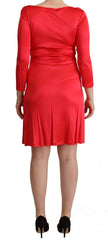 John Galliano Red Viscose 3/4 Sleeves Deep Round Neck Sheath Dress - Dresses