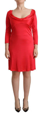 John Galliano Red Viscose 3/4 Sleeves Deep Round Neck Sheath Dress - Dresses