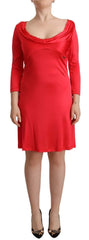 John Galliano Red Viscose 3/4 Sleeves Deep Round Neck Sheath Dress - Dresses