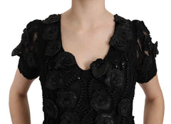 John Richmond Black Silk Leather Flowers Sheath Dress - IT42|M - Dresses