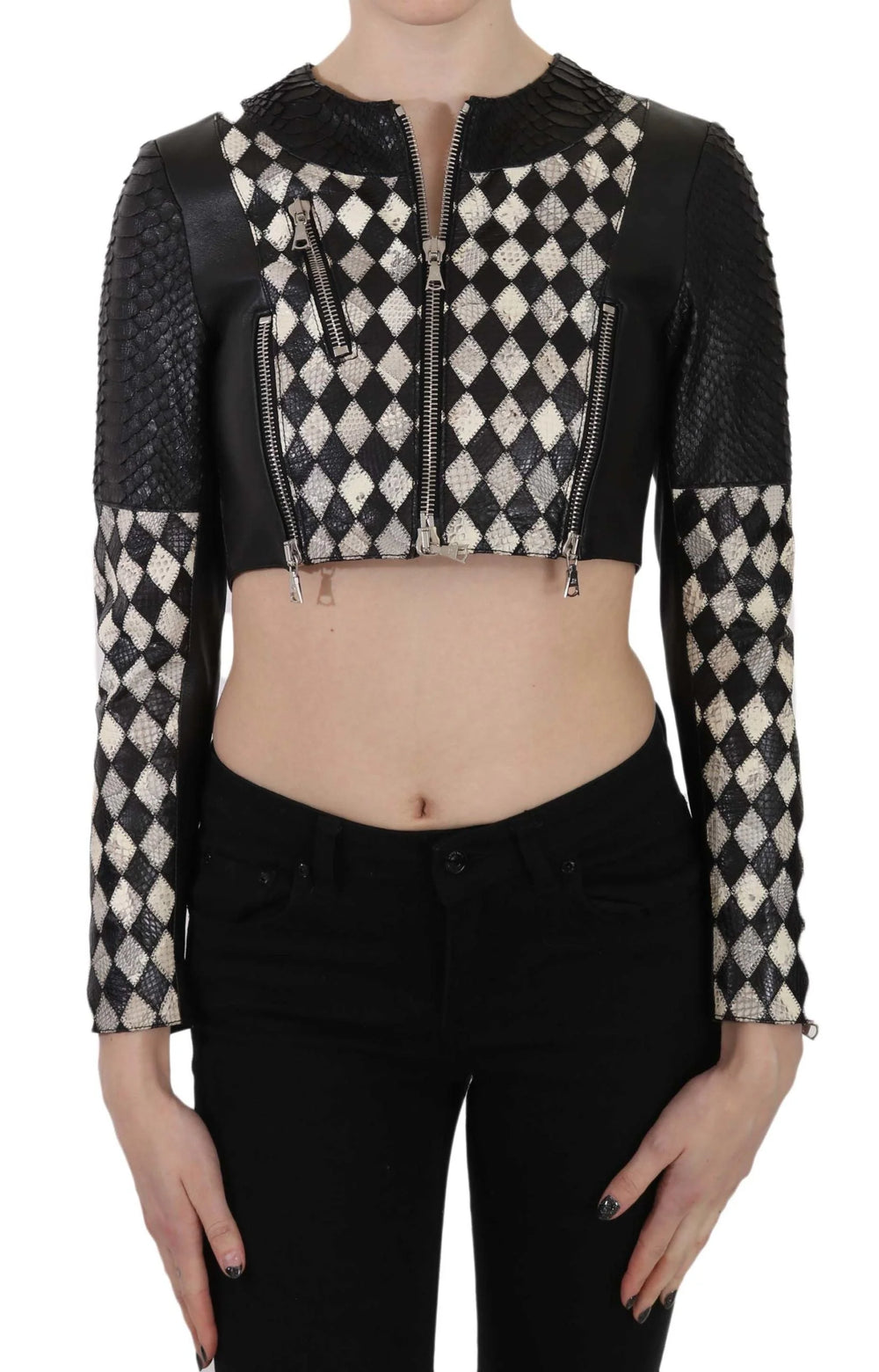 John Richmond Black White Leather Short Cropped Biker Jacket Coat - IT38|XS - Coats & Jackets