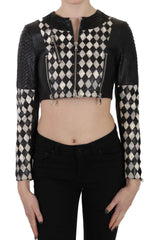 John Richmond Black White Leather Short Cropped Biker Jacket Coat - IT38|XS - Coats & Jackets