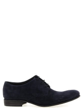 Front view of Julian men's blue suede leather Oxford shoes featuring a classic lace-up silhouette and refined stitching.
