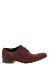 Front view of Julian men's Oxford shoes in rich bordeaux suede leather with tonal waxed laces and refined silhouette.