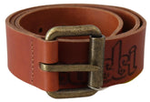 Just Cavalli Brown Leather Logo Bronze Rustic Metal Buckle Belt - 85 cm / 34 Inches - Belts