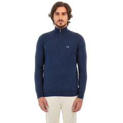 La Martina Blue Wool Men Sweater with Half Zip Closure - Sweaters