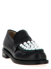 Side profile of MACH & MACH bicolor loafers showing the contrast between the white upper and black leather sole.