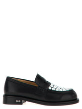 MACH & MACH bicolor calfskin slip-on loafers in black and white leather with a classic almond toe silhouette.