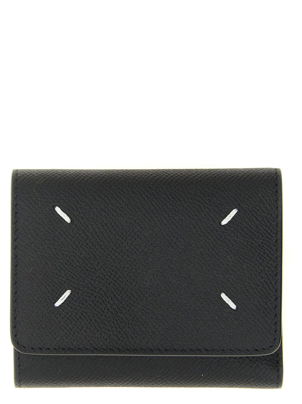 Porte-cartes en veau noir Margiela featuring les quatre coutures blanches emblématiques sur un extérieur en cuir minimaliste.