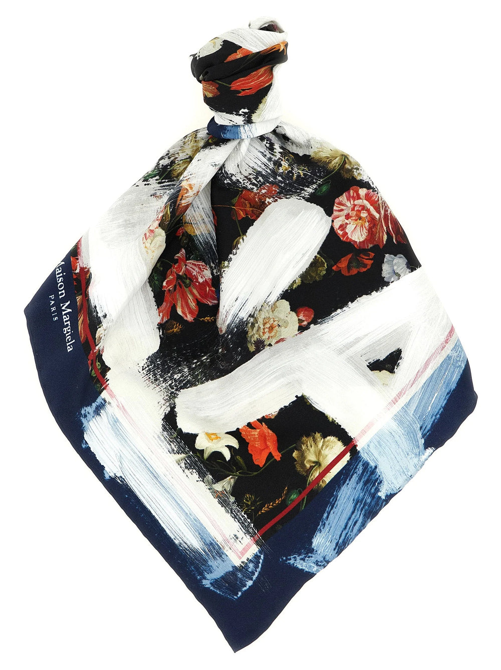Fular multicolor Maison Margiela din mătase, cu o imprimare abstractă vibrantă și drapaj rafinat pentru femei.