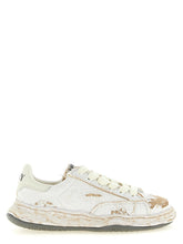Maison Mihara Yasuhiro white cotton sneakers featuring the signature hand-molded clay-effect rubber midsole.