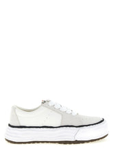 Maison Mihara Yasuhiro white cowhide platform sneakers featuring the signature distorted clay-like rubber midsole.