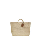 Manebi beige raffia handbag with woven texture and structured top handles, front view of this artisanal summer accessory.