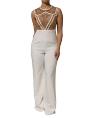 Mangano White Beige Mesh Crystal Embellished Sleeveless Jumpsuit - One-Pieces