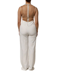 Mangano White Beige Mesh Crystal Embellished Sleeveless Jumpsuit - One-Pieces