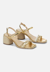 Mangará Atelier Gold Sandals With Natural Raffia Block Heel – Comfortable Women’S Summer Shoes