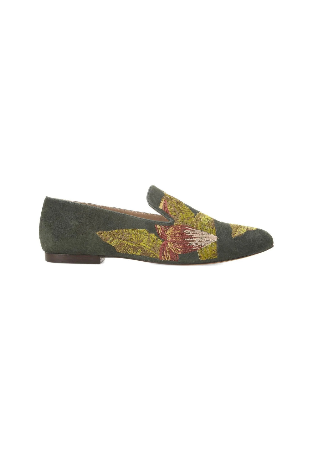 Mangará Atelier Green Suede Embroidered Loafers – Elegant Women’S Flat Shoes