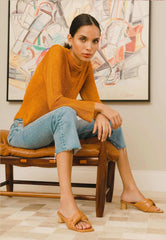 Mangará Atelier Tan Leather Mules Caroba – Women’S 4 Cm Cylindrical Block Heel Slip-On Sandals