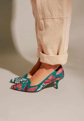 Mangará Atelier Turquoise Suede Embroidered Pumps – Kitten Heel Style - Heels