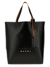 Marni black polyethylene tote bag with white logo print, structured vertical silhouette and dual top handles.