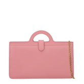 Marni pink leather crossbody bag with structured silhouette and adjustable shoulder strap, front view.