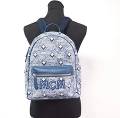 MCM Stark Small Blue Vintage Jacquard Monogram Logo Fabric Backpack Bookbag - Backpacks
