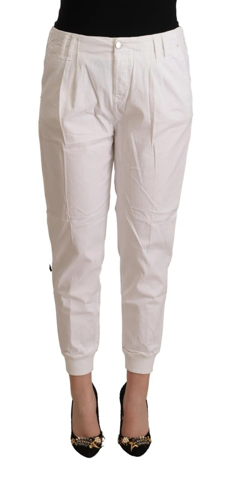 Met White Cotton Mid Waist Tapered Cropped Pants - W30 - Trousers