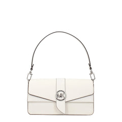 Přední pohled na bílou koženou kabelku Michael Kors se strukturovanou siluetou a zlatým kováním.