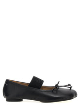 MM6 Maison Margiela black leather ballet flats featuring a minimalist square toe and signature white stitch at the heel.