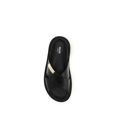 Moschino Black Calf Leather Bos Taurus Flat Sandals - EU45/US12