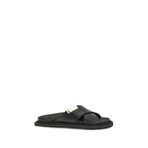 Moschino Black Calf Leather Bos Taurus Flat Sandals - EU45/US12