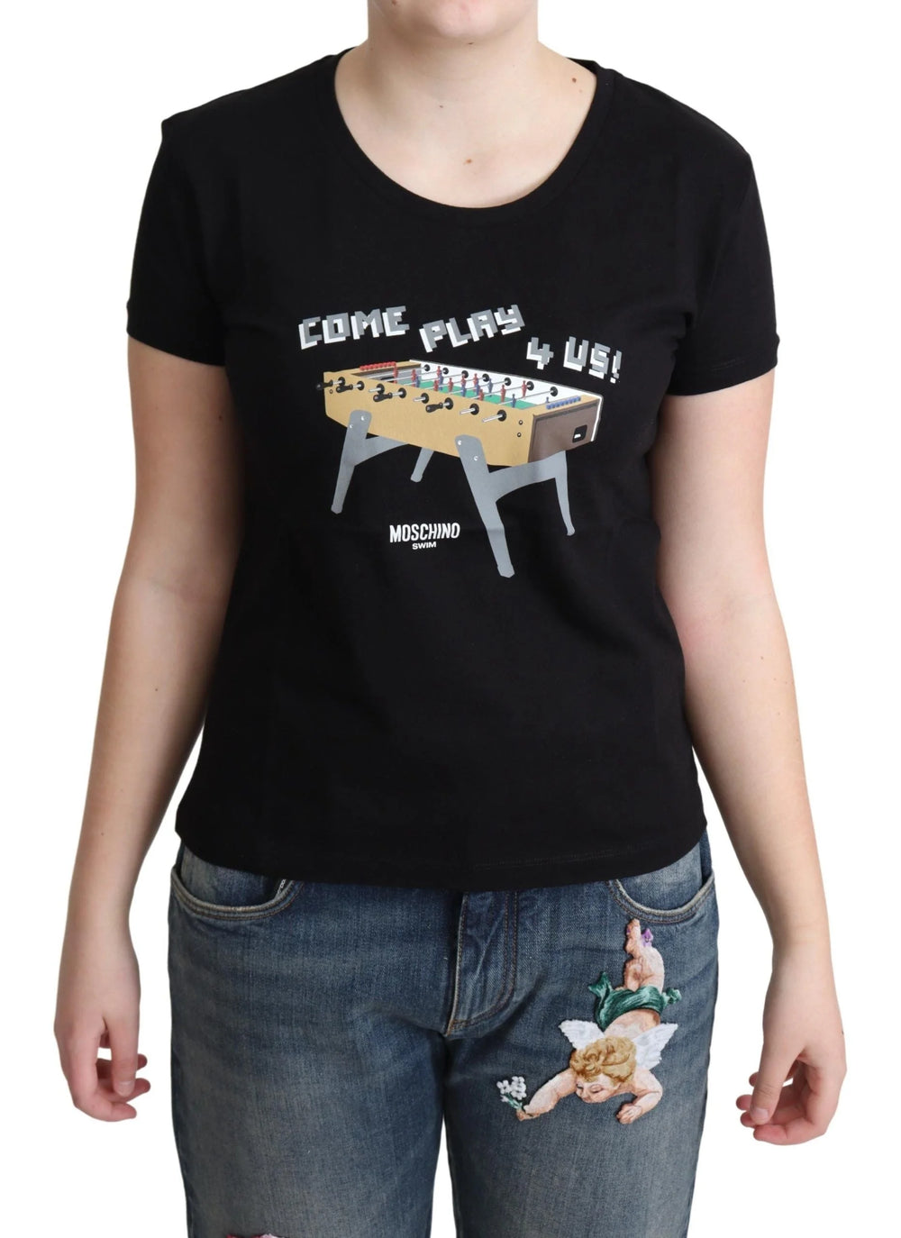 Moschino Black Cotton Come Play 4 Us Print Tops T-shirt - T-Shirts