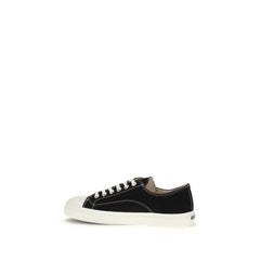 Rear view of the Moschino black cotton sneakers highlighting the structured heel and precise Italian craftsmanship.