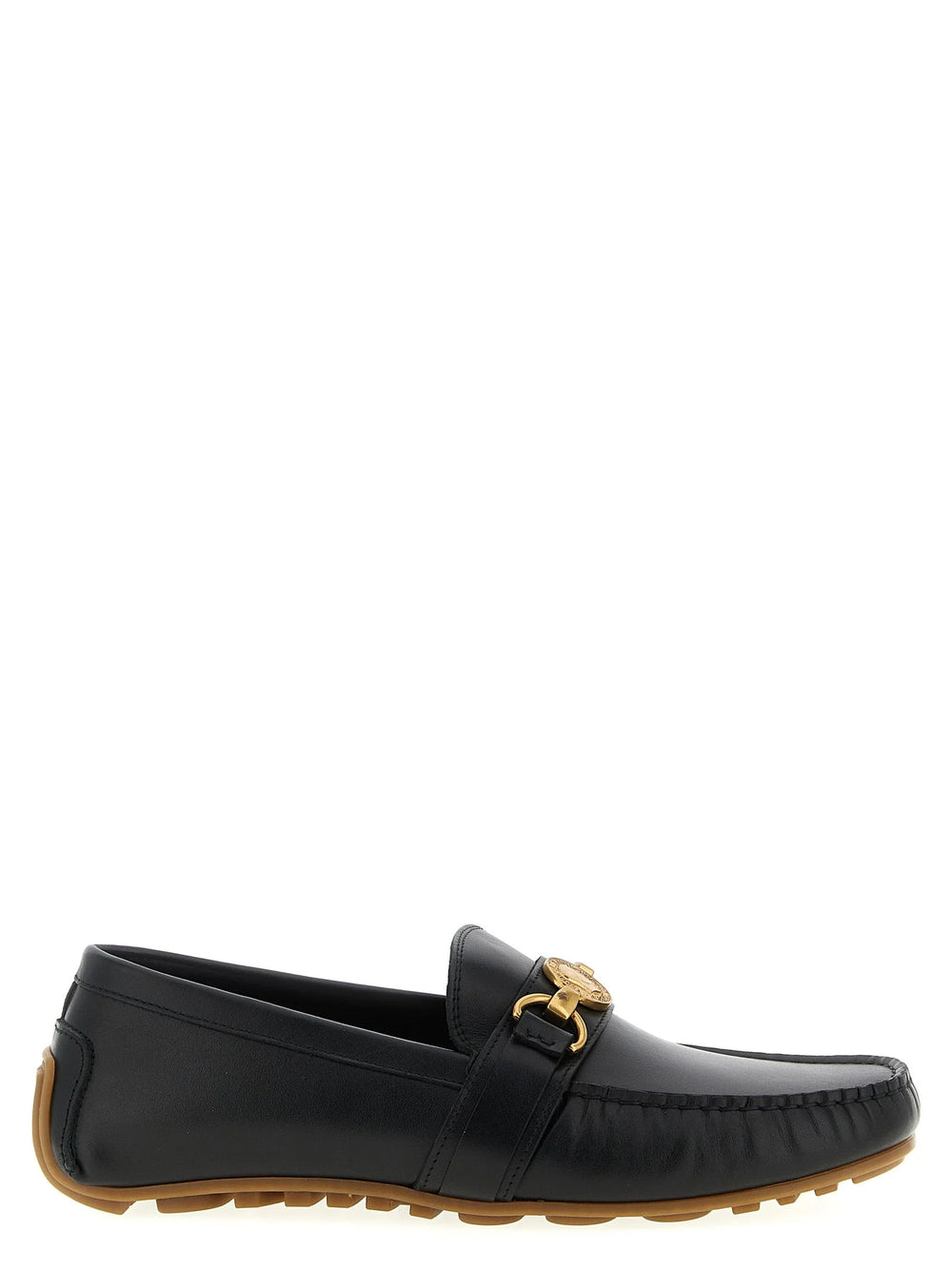 Frontansicht der schwarzen Moschino Slipper für Herren aus Leder mit poliertem Finish und klassischer, spitzzulaufender Zehenpartie.