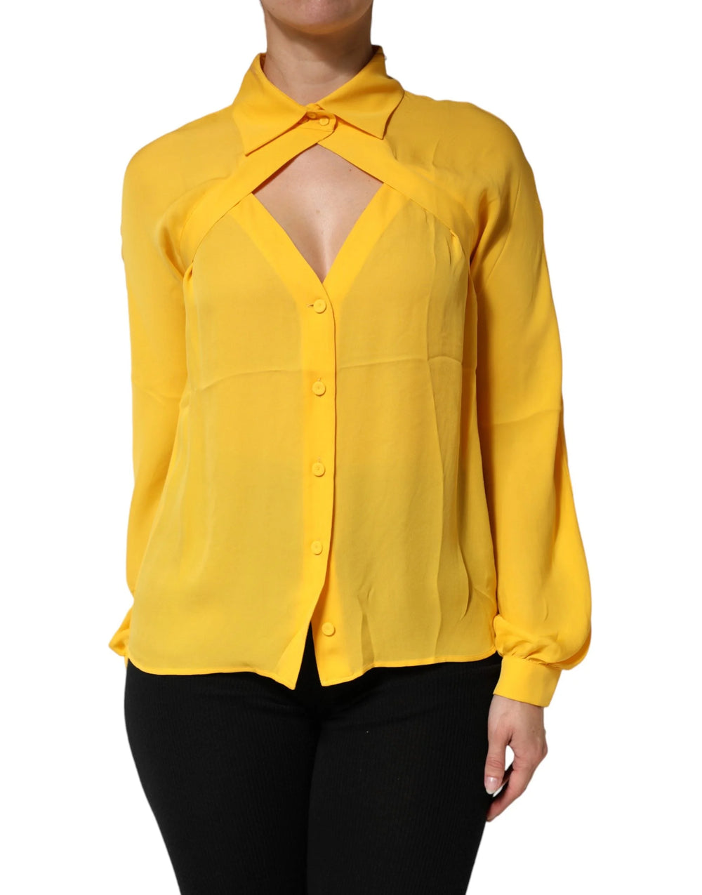Moschino Couture Yellow Silk Collared Long Sleeves Top - IT38|XS