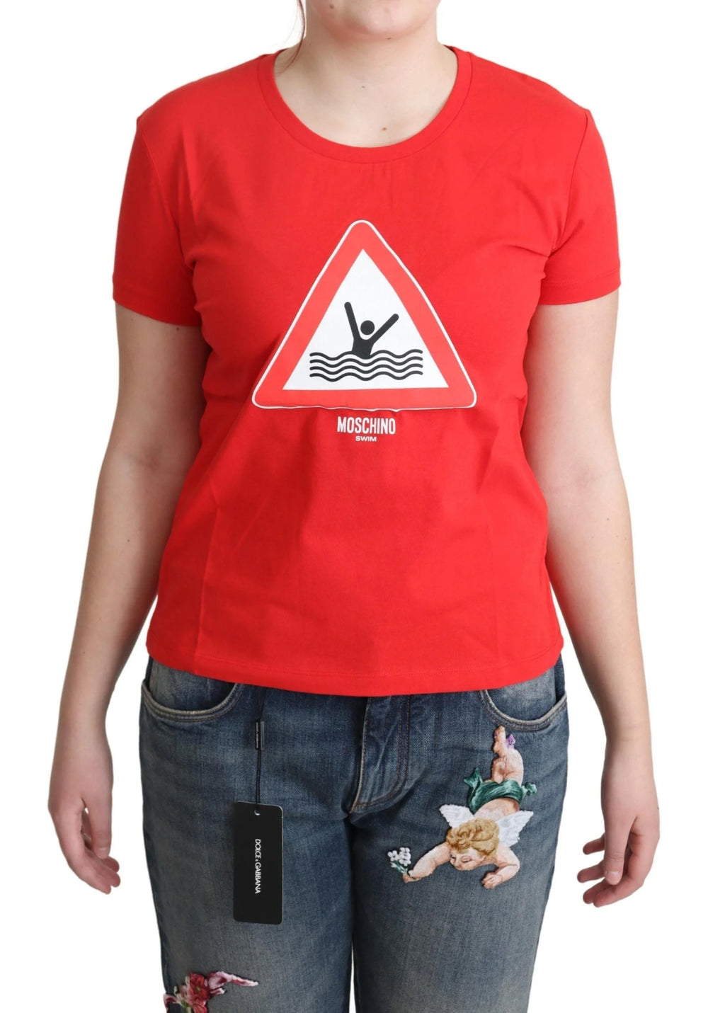 Moschino Red Cotton Swim Graphic Triangle Print T-shirt - IT42 | L - T-Shirts
