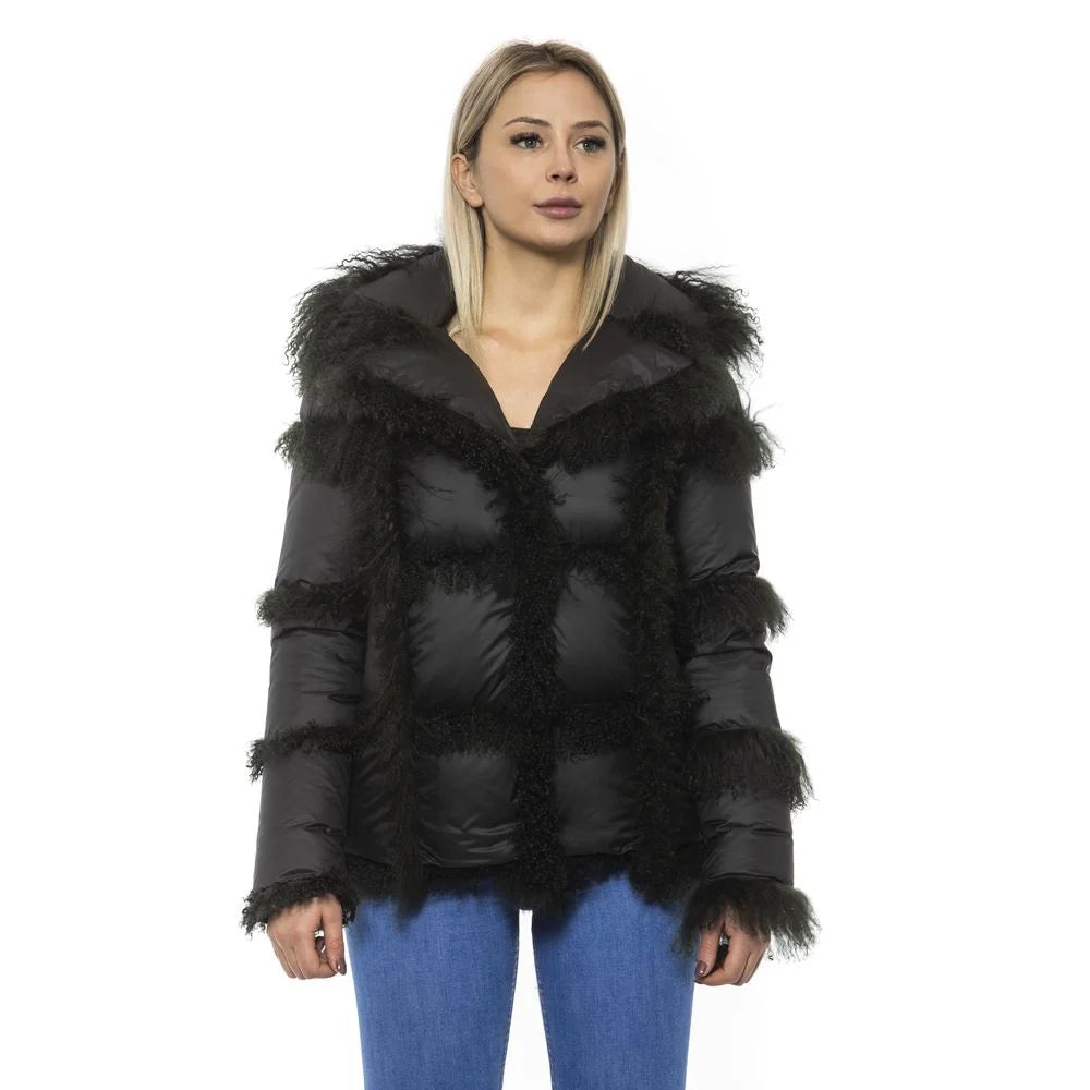 Mr&Mrs Italy Black Poly Jacket with Lamb Fur Hood for Women - M