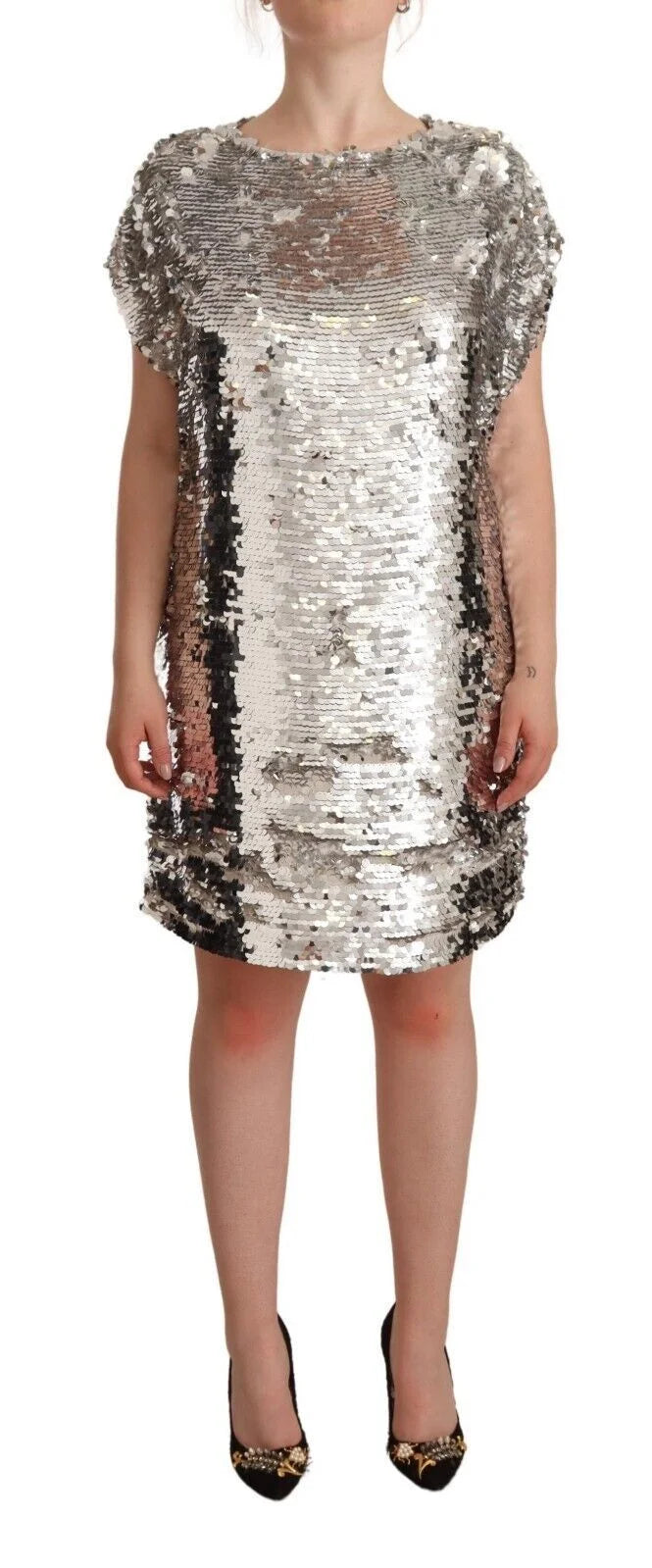 MSGM Silver Sequined Polyester Short Sleeves Shift Mini Dress - IT38|XS - Dresses