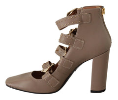 MY TWIN Brown Leather Block Heels Multi Buckle Pumps Shoes - EU37/US6.5