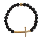 Nialaya Lava Stone Gold Clear CZ Cross 925 Silver Bracelet - Bracelets